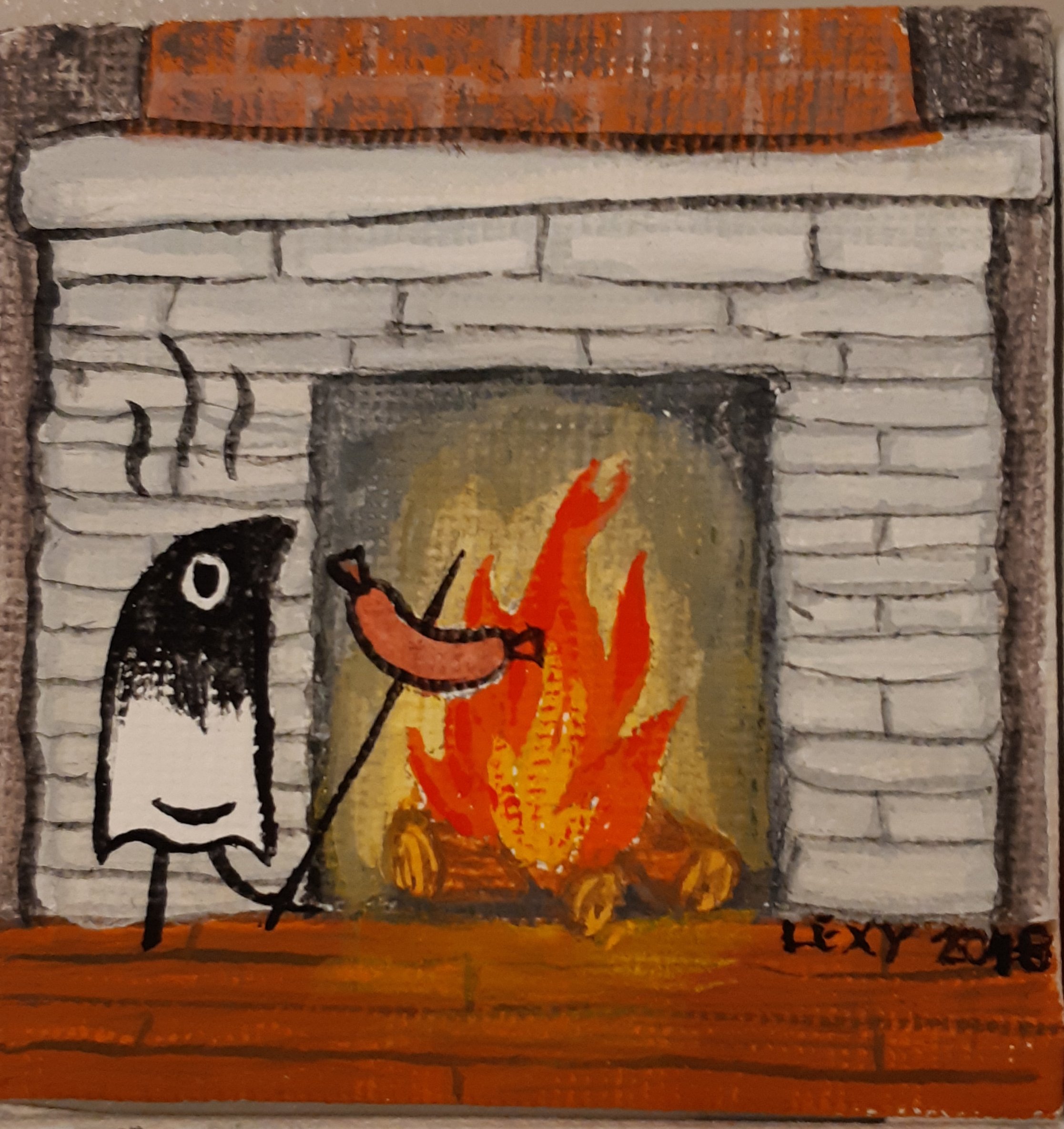 A gouache-acryl painting depicting a burnt bird roasting a sausage by the fireplace.