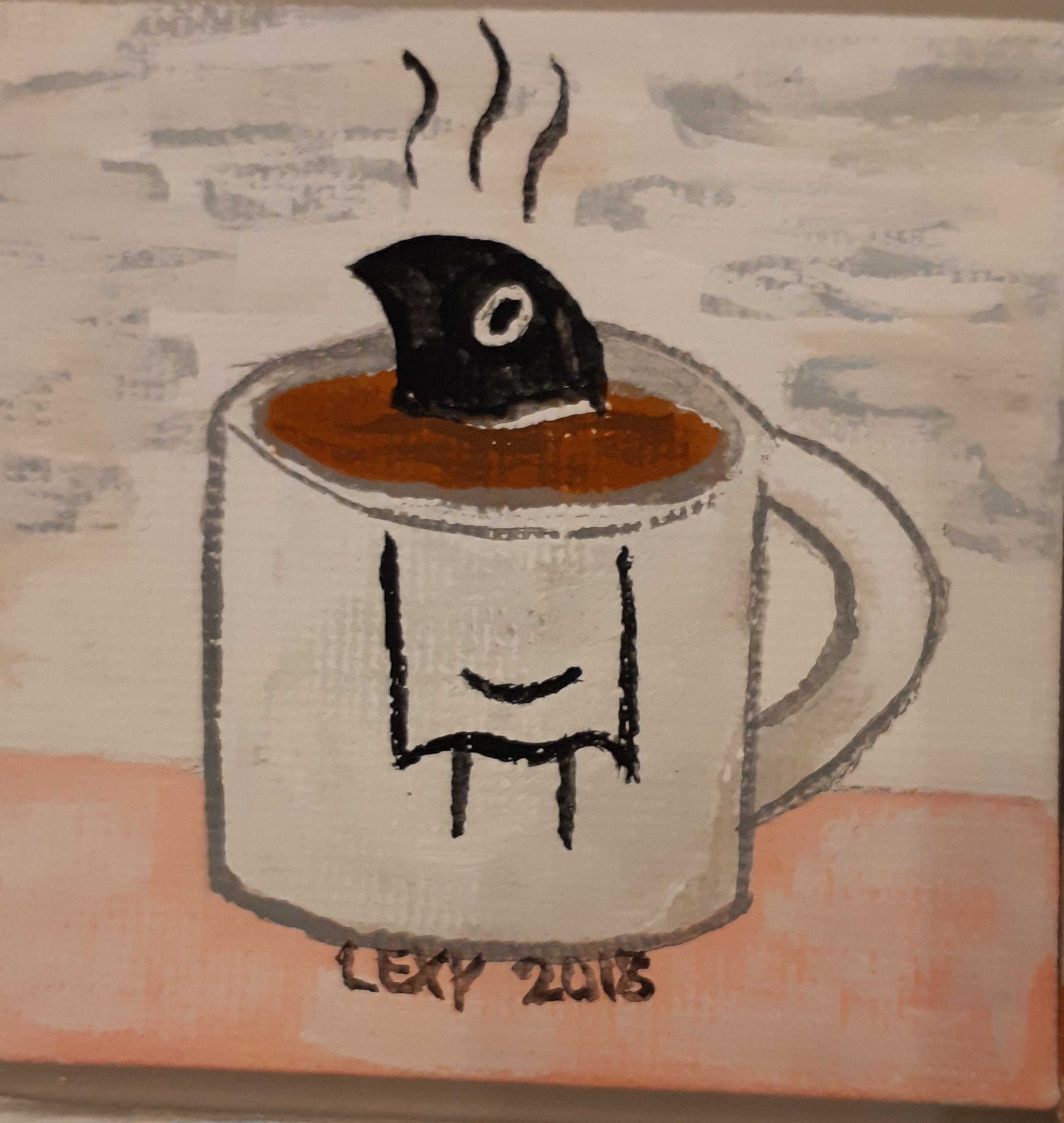 A gouache-acryl painting depicting a burnt bird in a mug of hot chocolate.