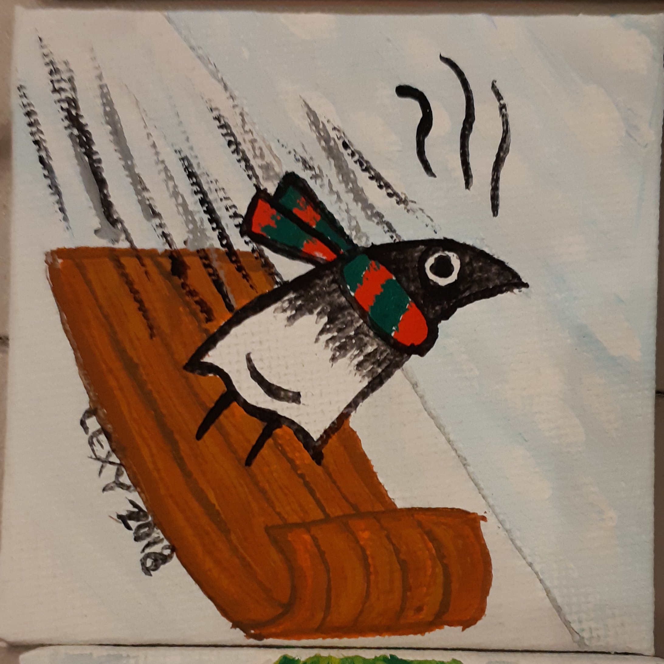 A gouache-acryl painting depicting a burnt bird in a scarf and sliding down the hill in a toboggan.