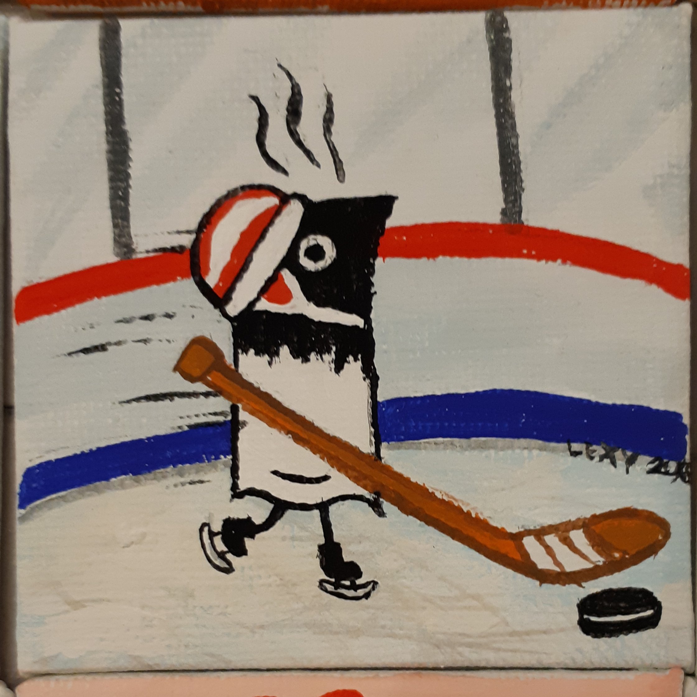 A gouache-acryl painting depicting a burnt bird in a helmet and is playing hockey in an ice rink.