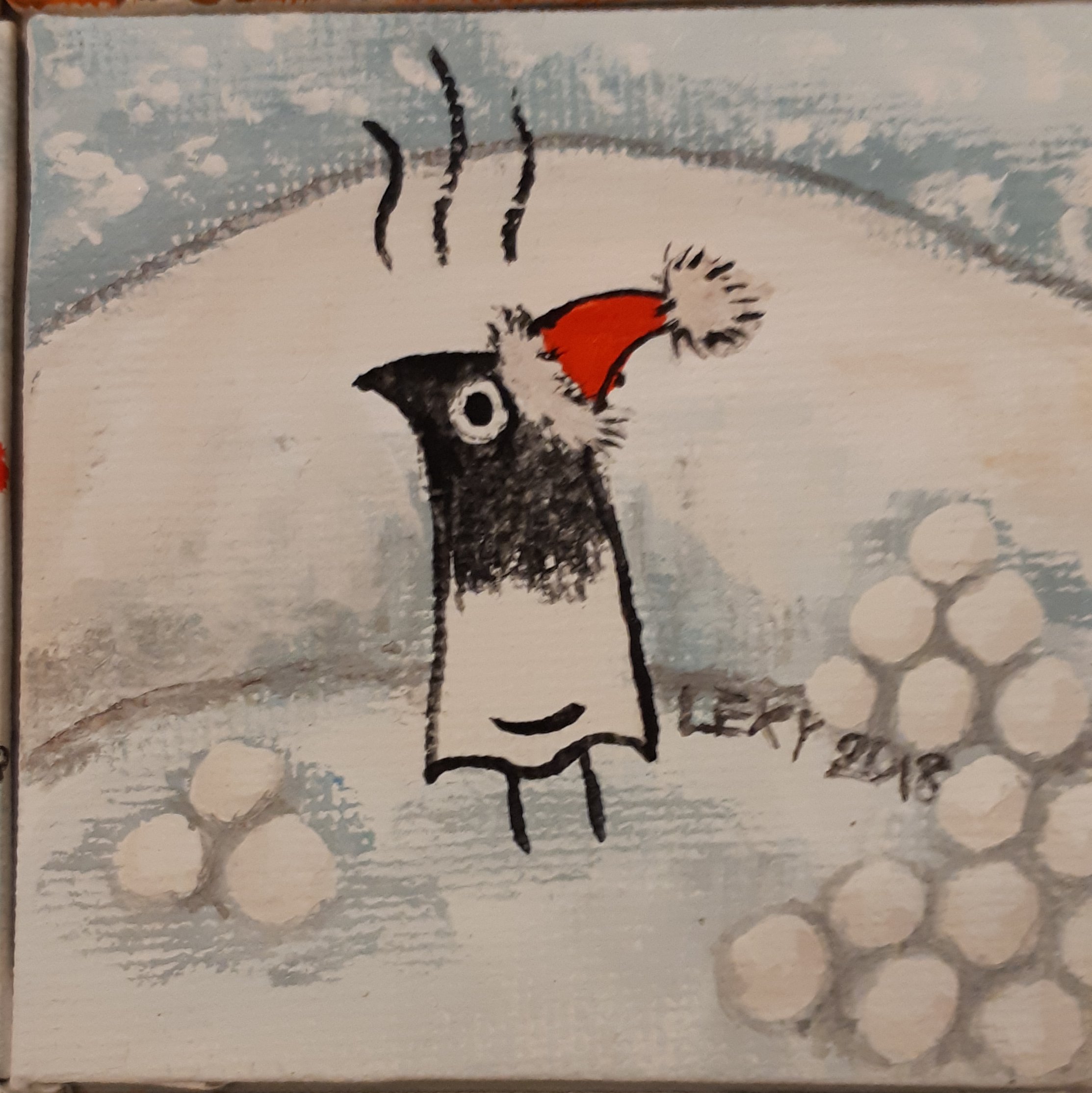 A gouache-acryl painting depicting a burnt bird in a hat and is in the middle of a snowball fight.