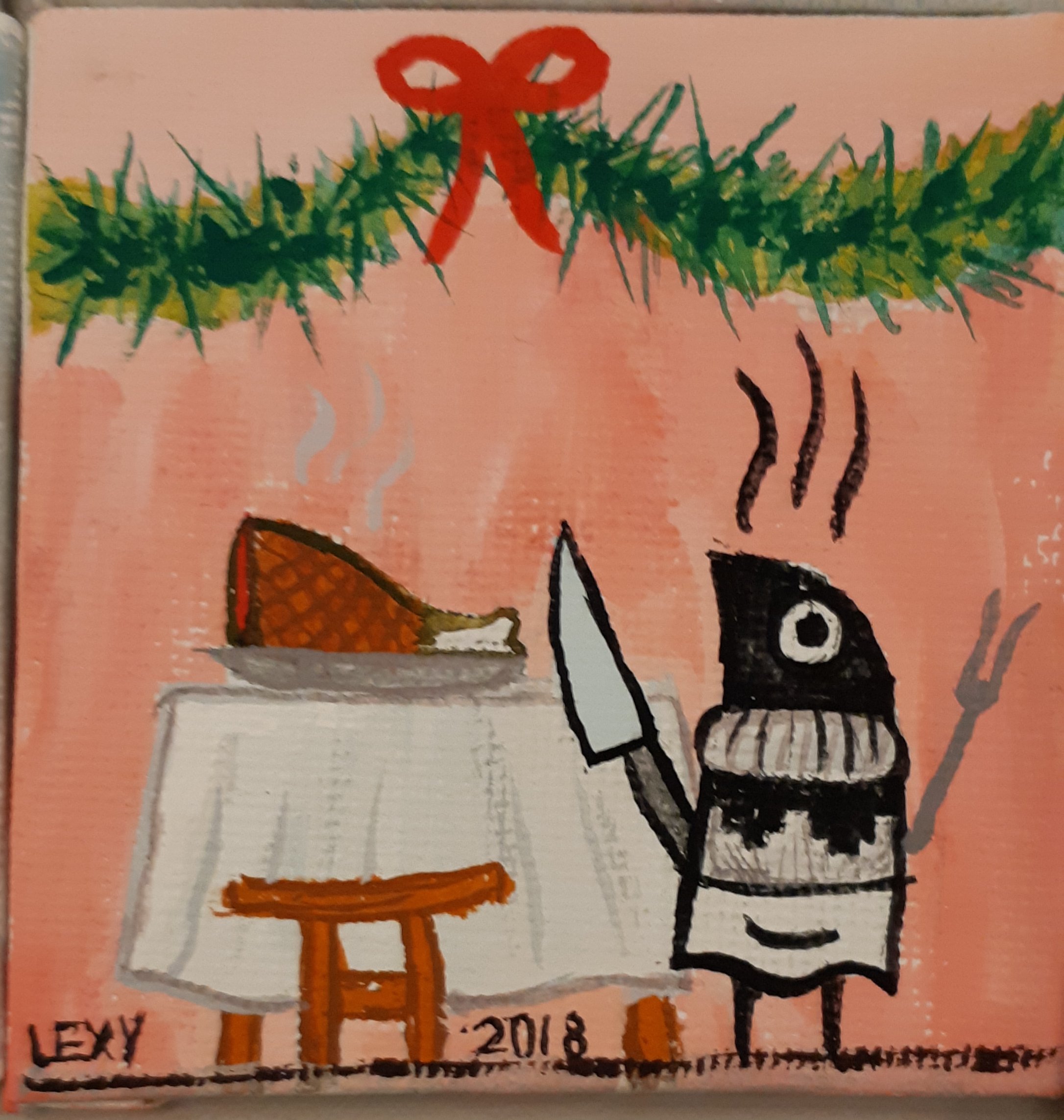 A gouache-acryl painting depicting a burnt bird in a sweater and is about to carve a ham.
