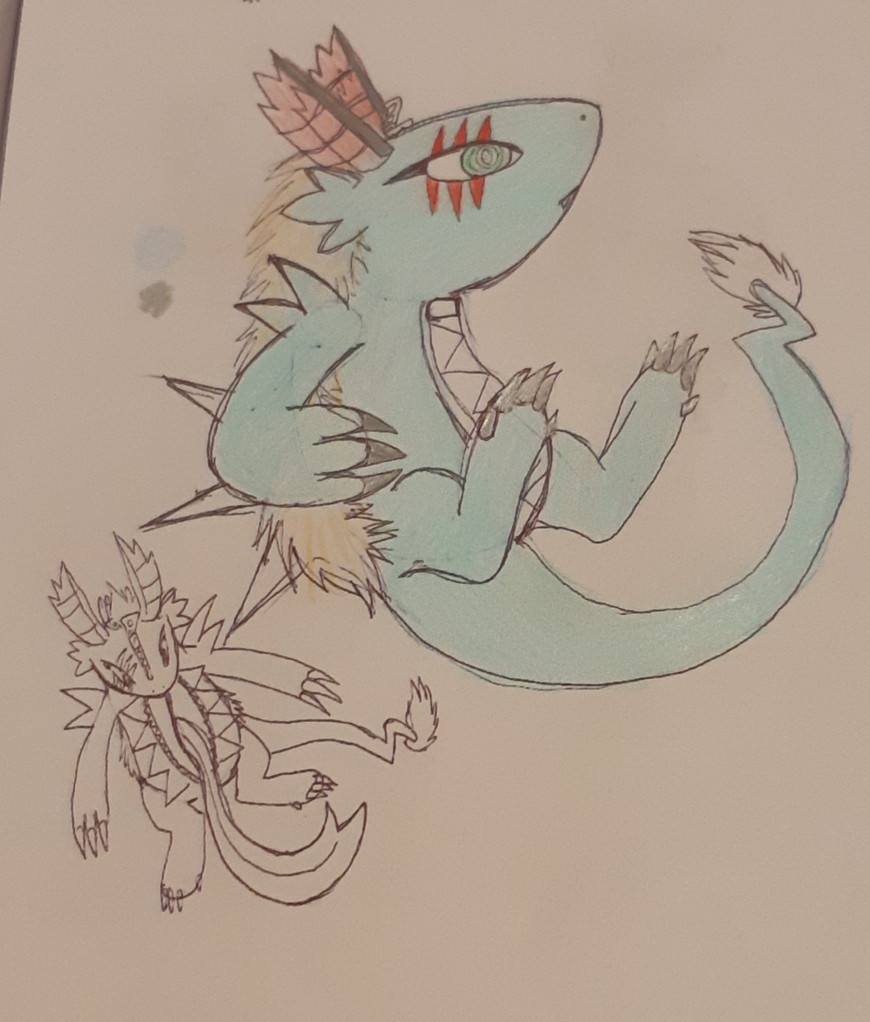 A concept sketch of a zipper-themed dragon. The stomach has a giant zipper and the forehead has a zipper.