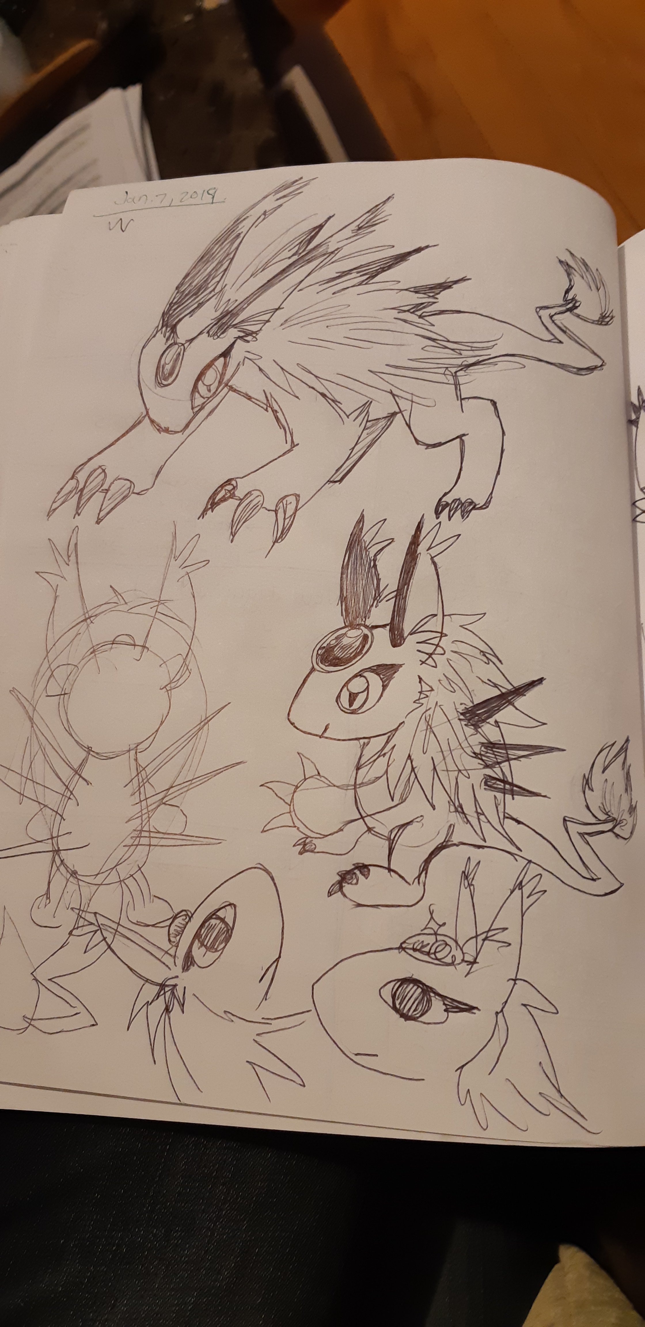 Concept sketches, depicting earlier versions of the zipper dragon. One looks like a rabbit-cat with a jewel on the forehead and long fur on its back.
