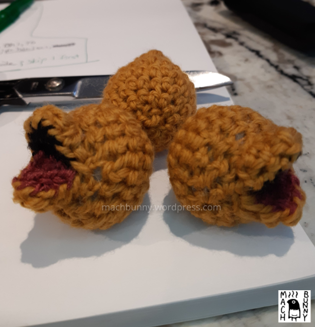 Chiks the Beta Pokemon amigurumi, W.I.P. view of the heads.