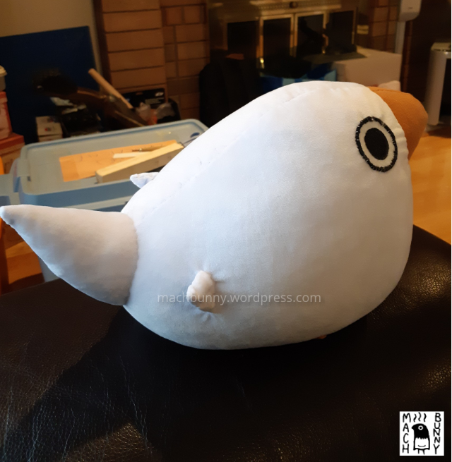Marshmallow finch plush, side rear view
