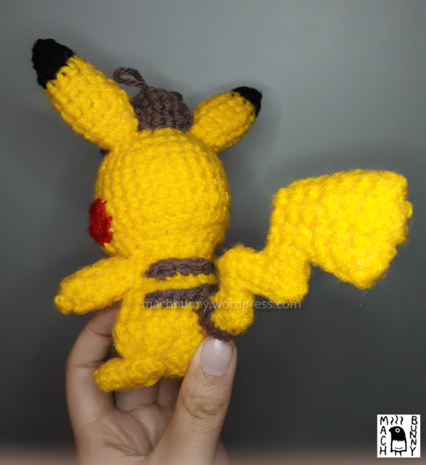 Amigurumi Detective Pikachu, back view