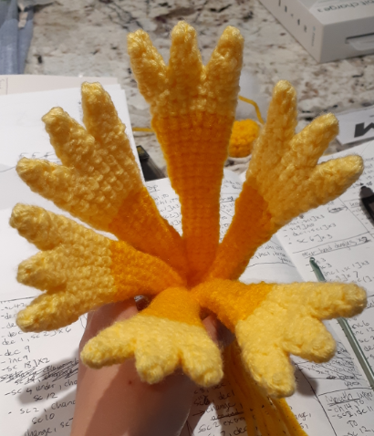 Ho-oh amigurumi, back view of partially assembled tail piece