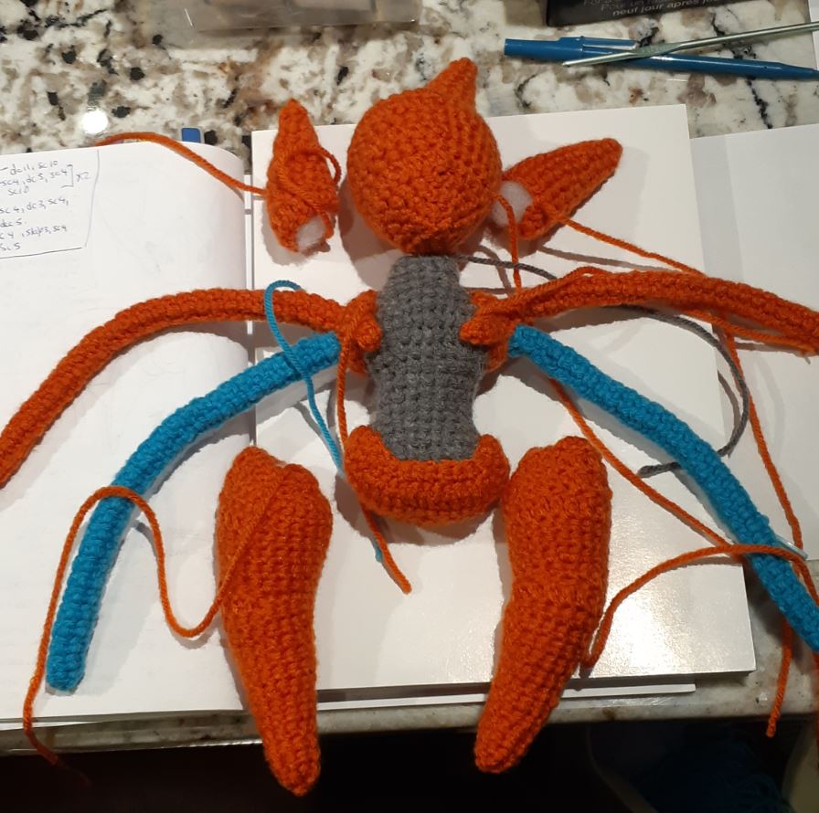 Amigurumi Deoxys, front view of all base body parts 