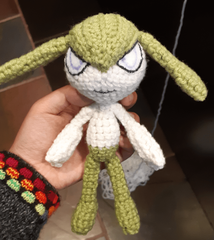 Amigurumi Kirlia, front view of the limbs and ears attached