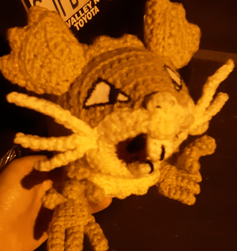 Amigurumi Raticate, front view in the night time
