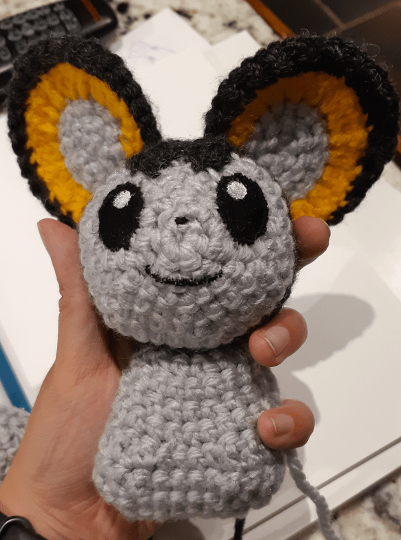 Amigurumi Emolga, front view of completed head with chunky body piece