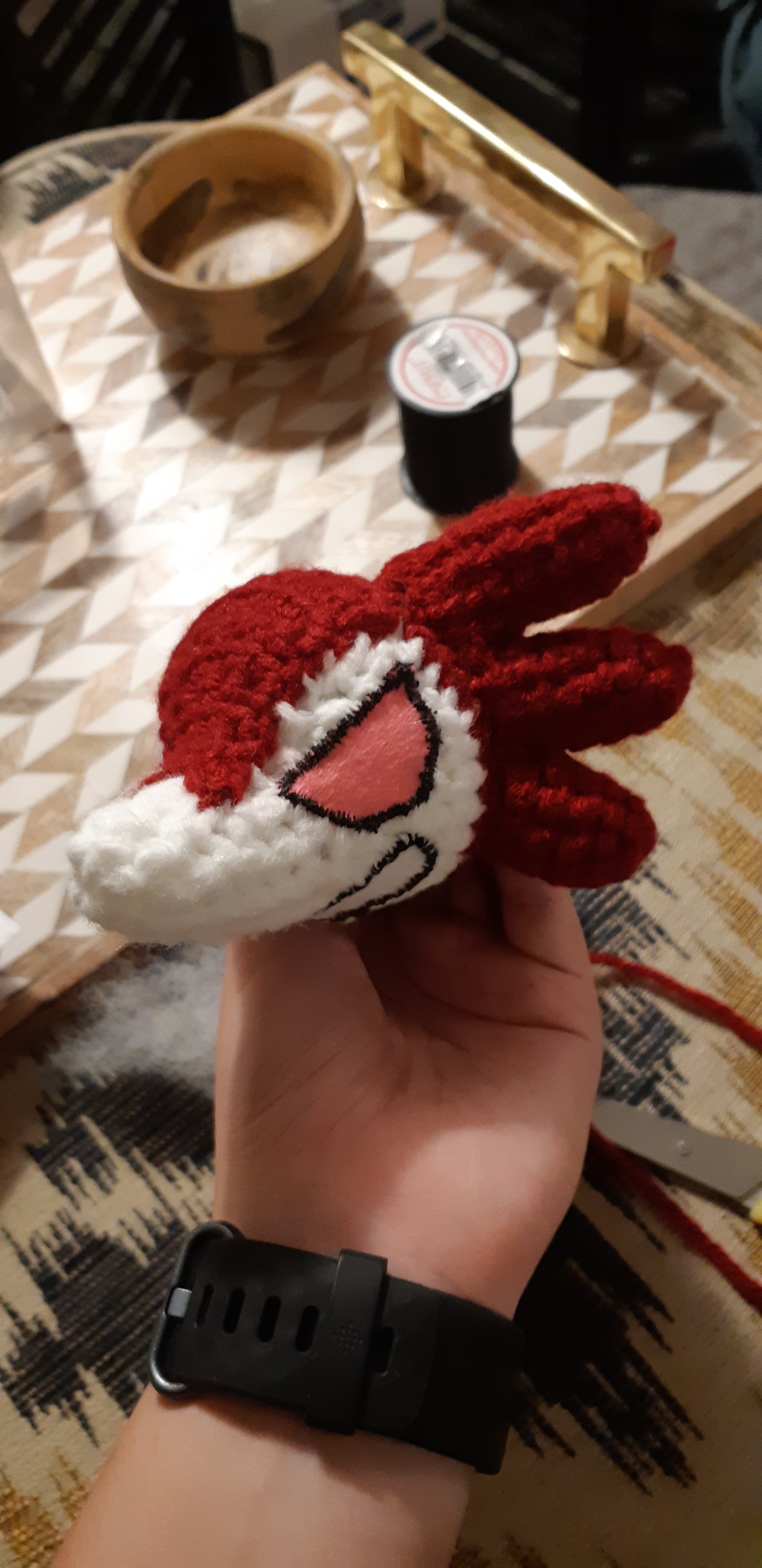 Amigurumi Lycanroc, showing head piece assembled