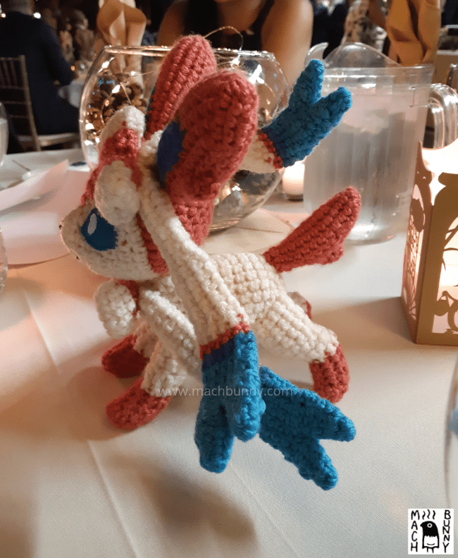 Amigurumi Sylveon, side view from opposite side