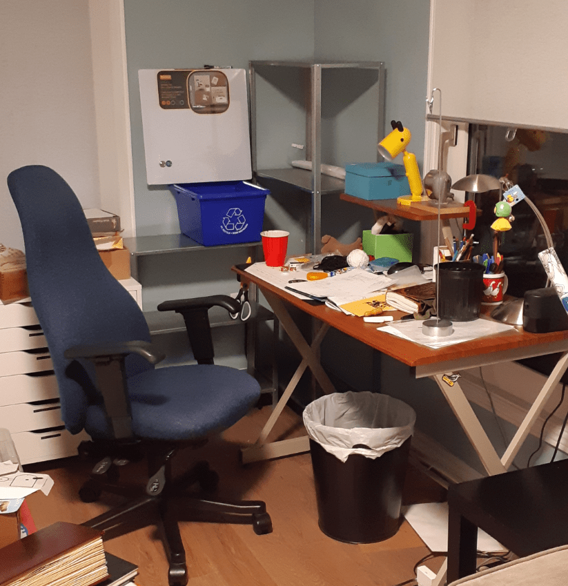 Additional shelving from IKEA; two Hyllius shelves beside the old desk