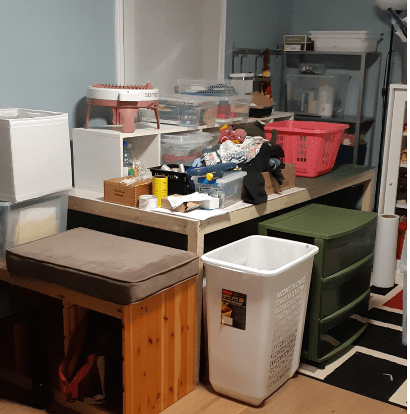 An old white billy shelf has been converted into a side compartment for the craft table