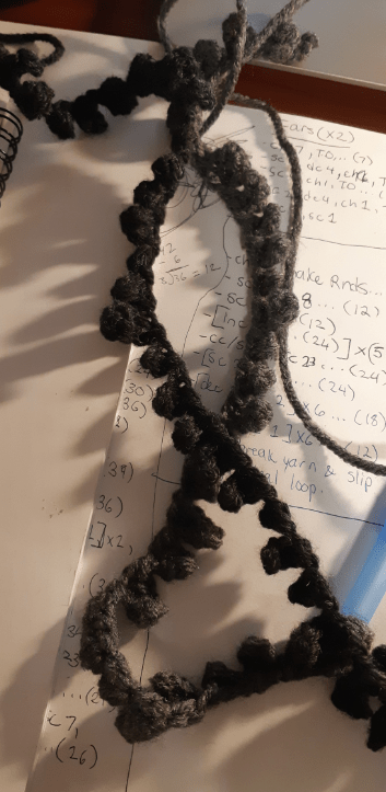 An example of the hair strands, which consist of a long string of single-rows of crochets. Overall appearance is a string of fringes.