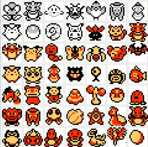 A collection of pokemon menu sprites, from the versions including red, blue, yellow, gold, silver, and crystal. Each sprite vaguely represents a pokemon, using a limited number of pixels to draw them.