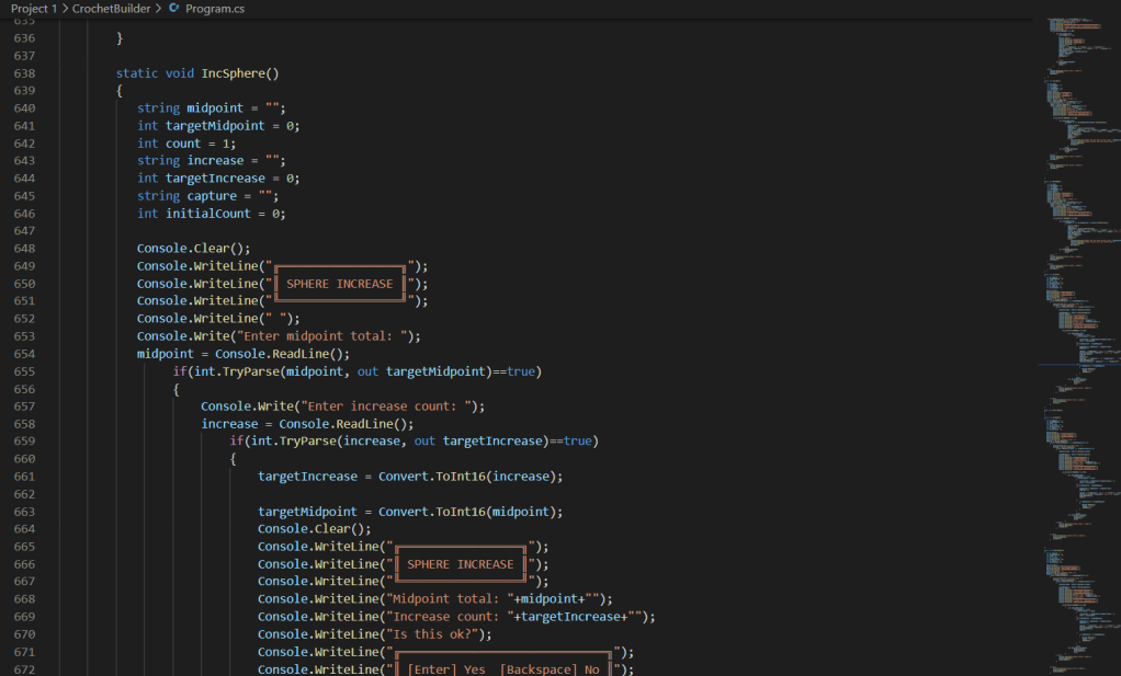 A screenshot of the VS code program, showing various coloured text lines in a new program, against the black background. The coloumn on the left indicates the number of rows in the program, and the column on the right shows the overall structure of the program.